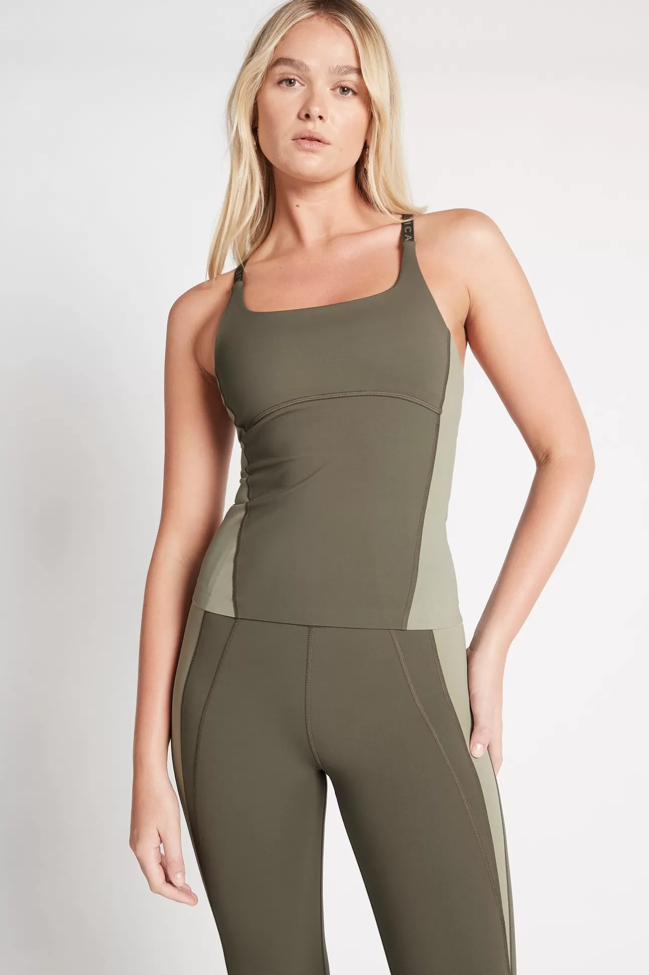 Aje ATHLETICA Adjustable Strap Longline Racerback Tank 117 Forest Green/Sage New