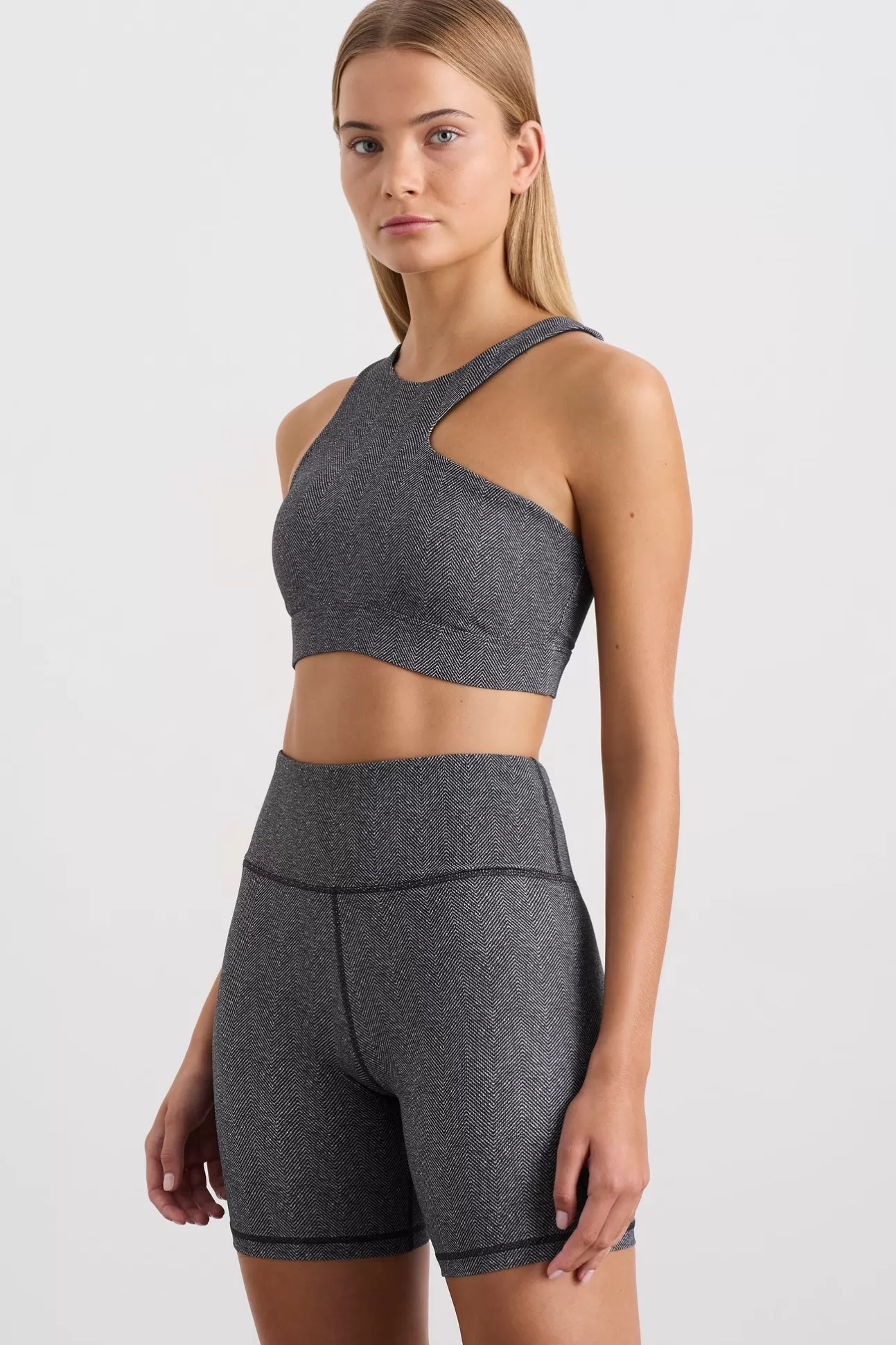 Aje ATHLETICA Asymmetric Racer Sports Bra 382 Herringbone Print Flash Sale