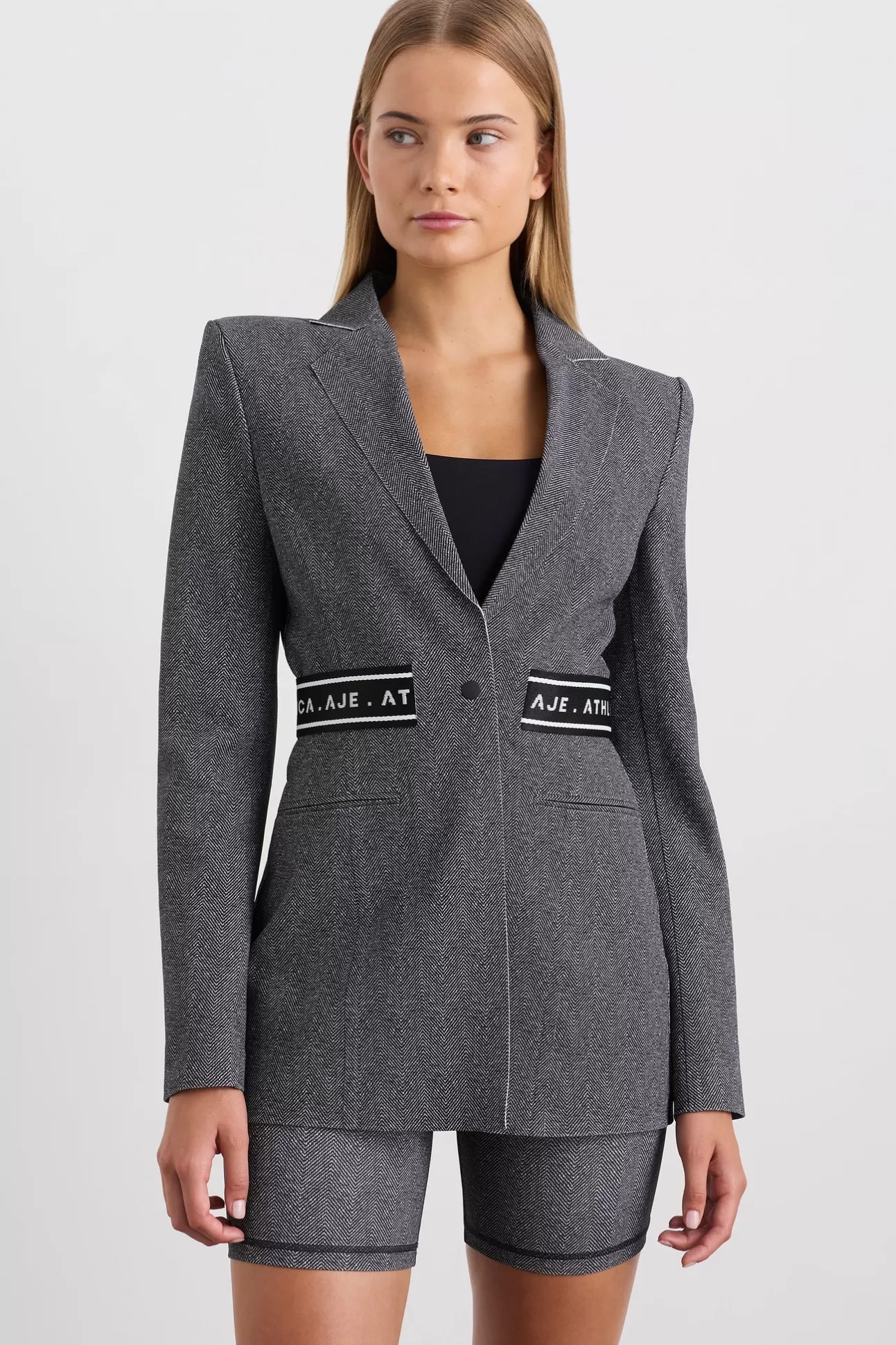 Aje ATHLETICA Belted Logotape Blazer 713 Herringbone Print Cheap