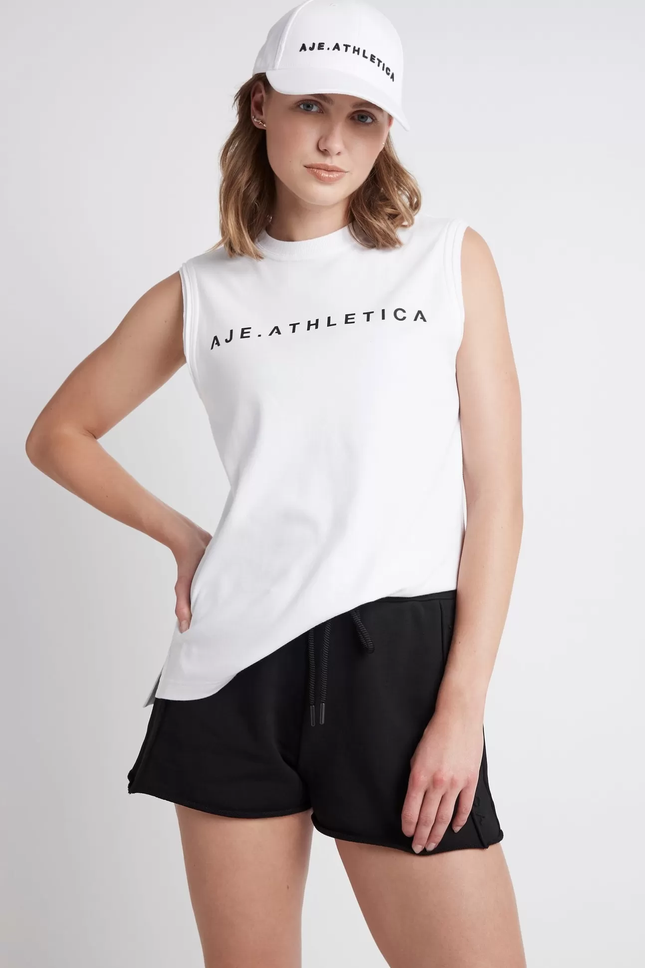 Aje ATHLETICA Classic Logo Split Back Tank 111 White/Black New