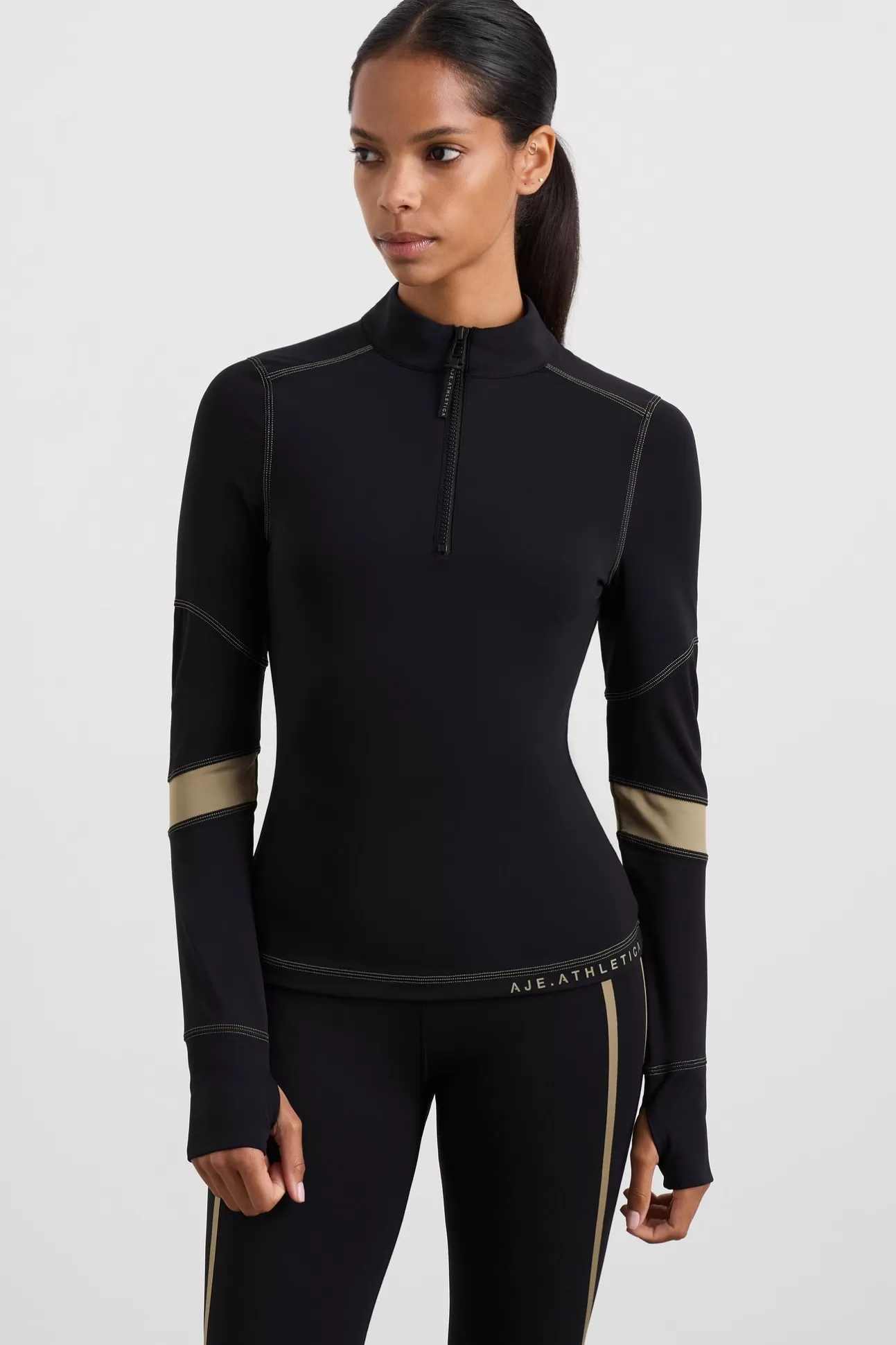 Aje ATHLETICA Colour Blocked Quarter Zip 758 Black Soft Khaki Clearance