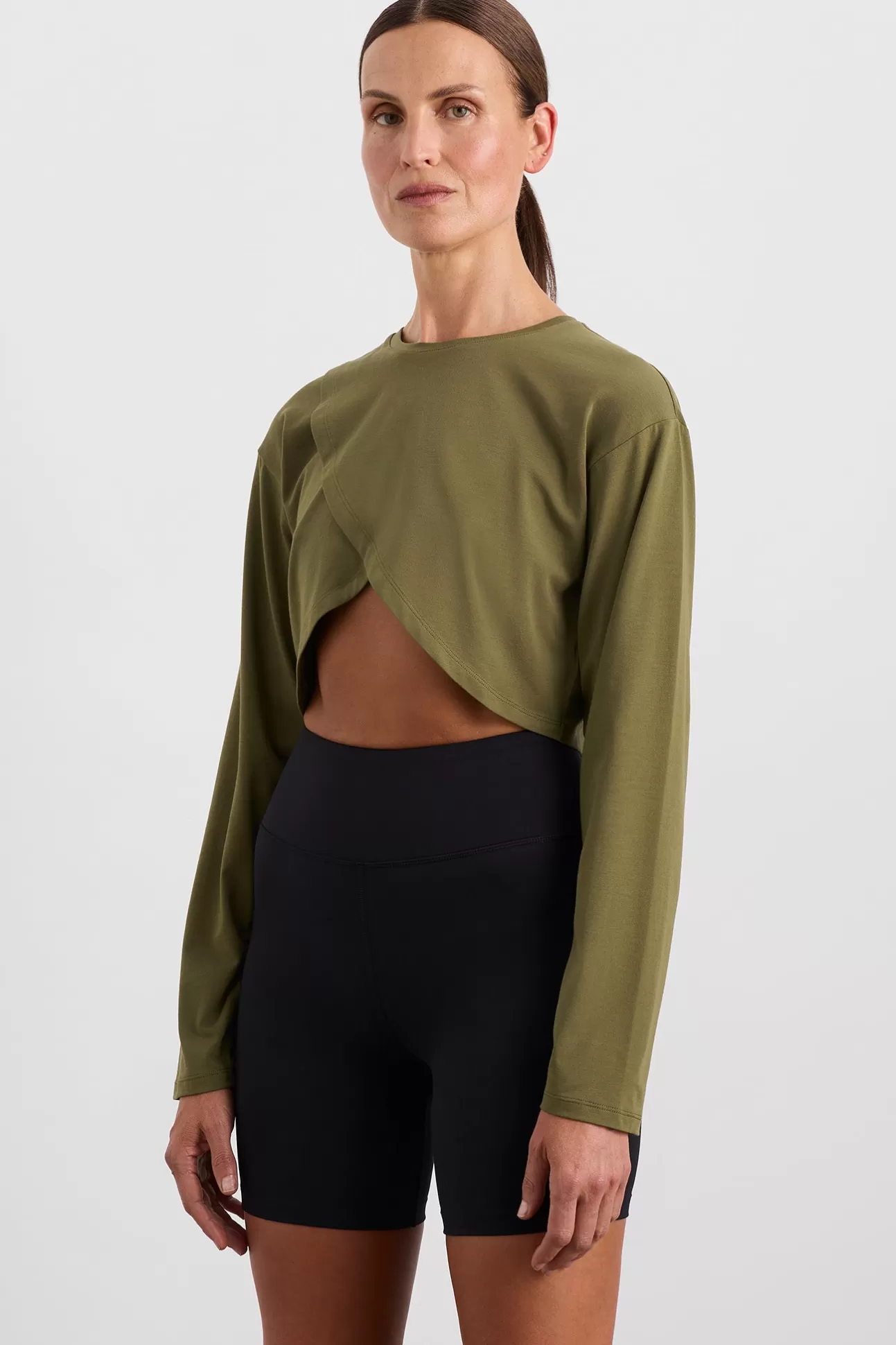 Aje ATHLETICA Cropped Crossover Long Sleeve Top 440 Deep Khaki Store