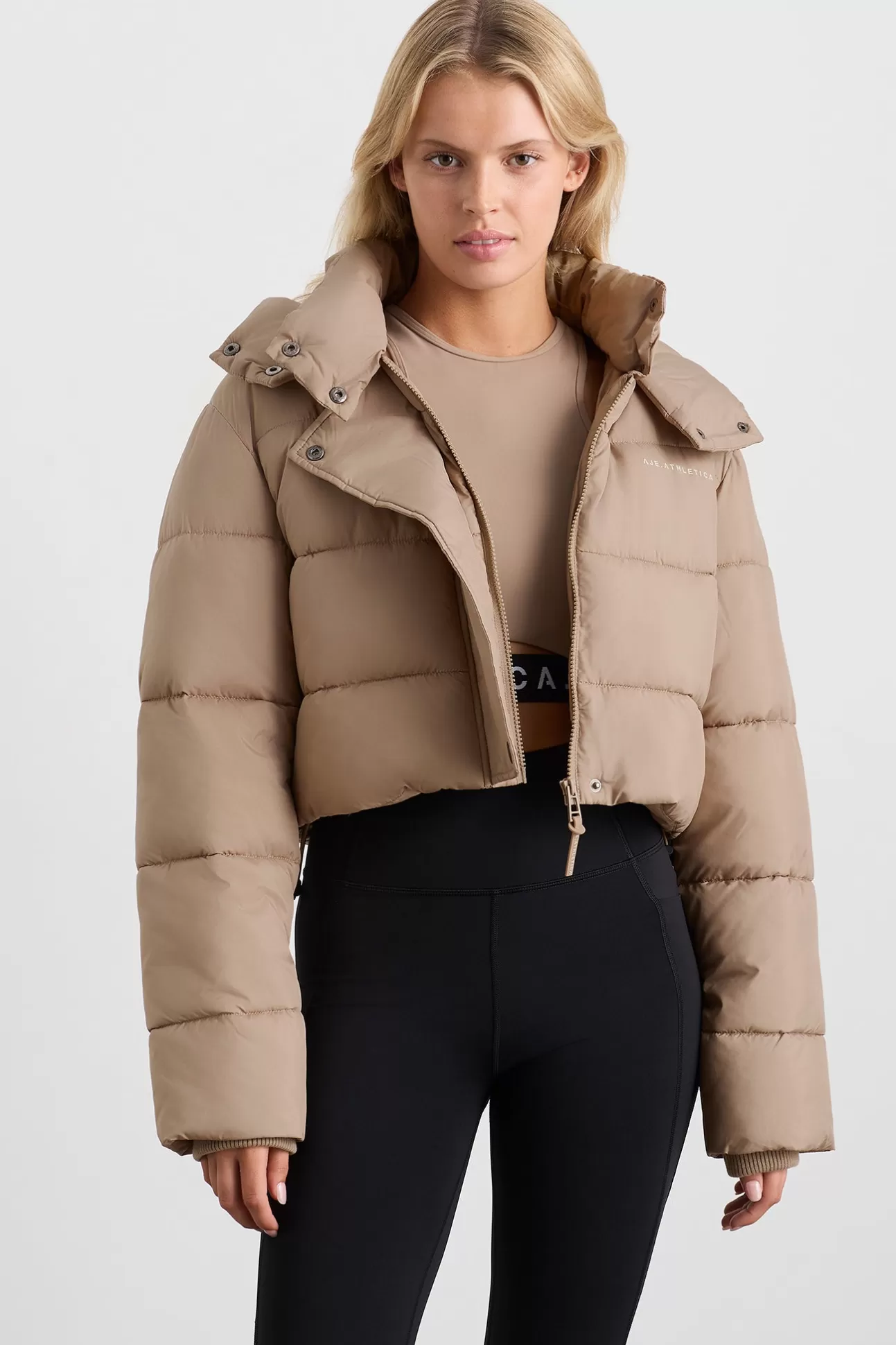 Aje ATHLETICA Cropped Hooded Puffer Jacket 764 Dune Fashion