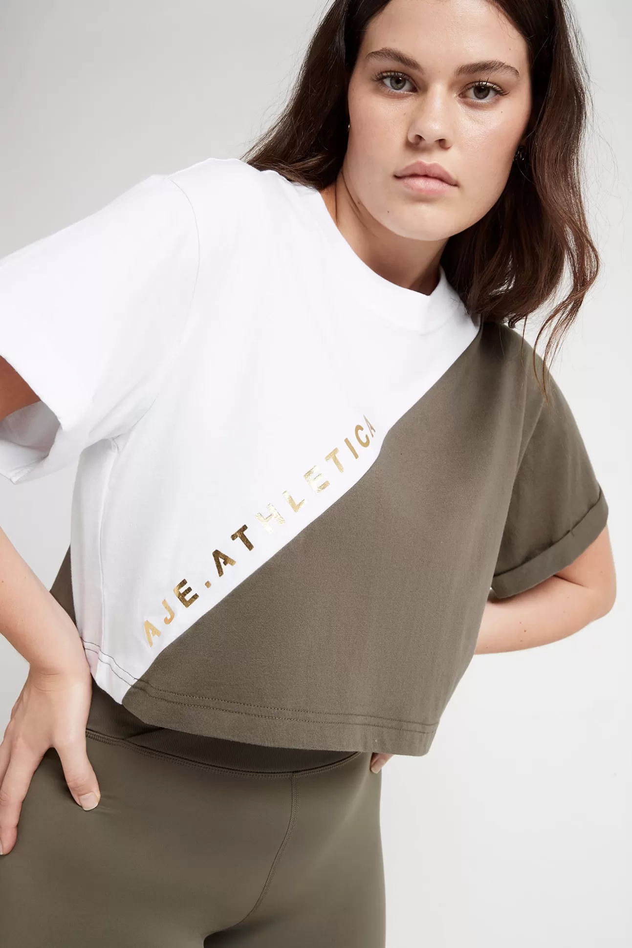 Aje ATHLETICA Cropped Signature Logo T-Shirt 105 White/Forest Green Outlet