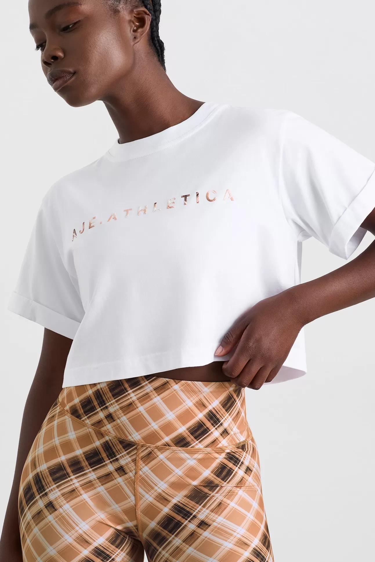 Aje ATHLETICA Cropped Tee 105 White Blurred Tan Check Store