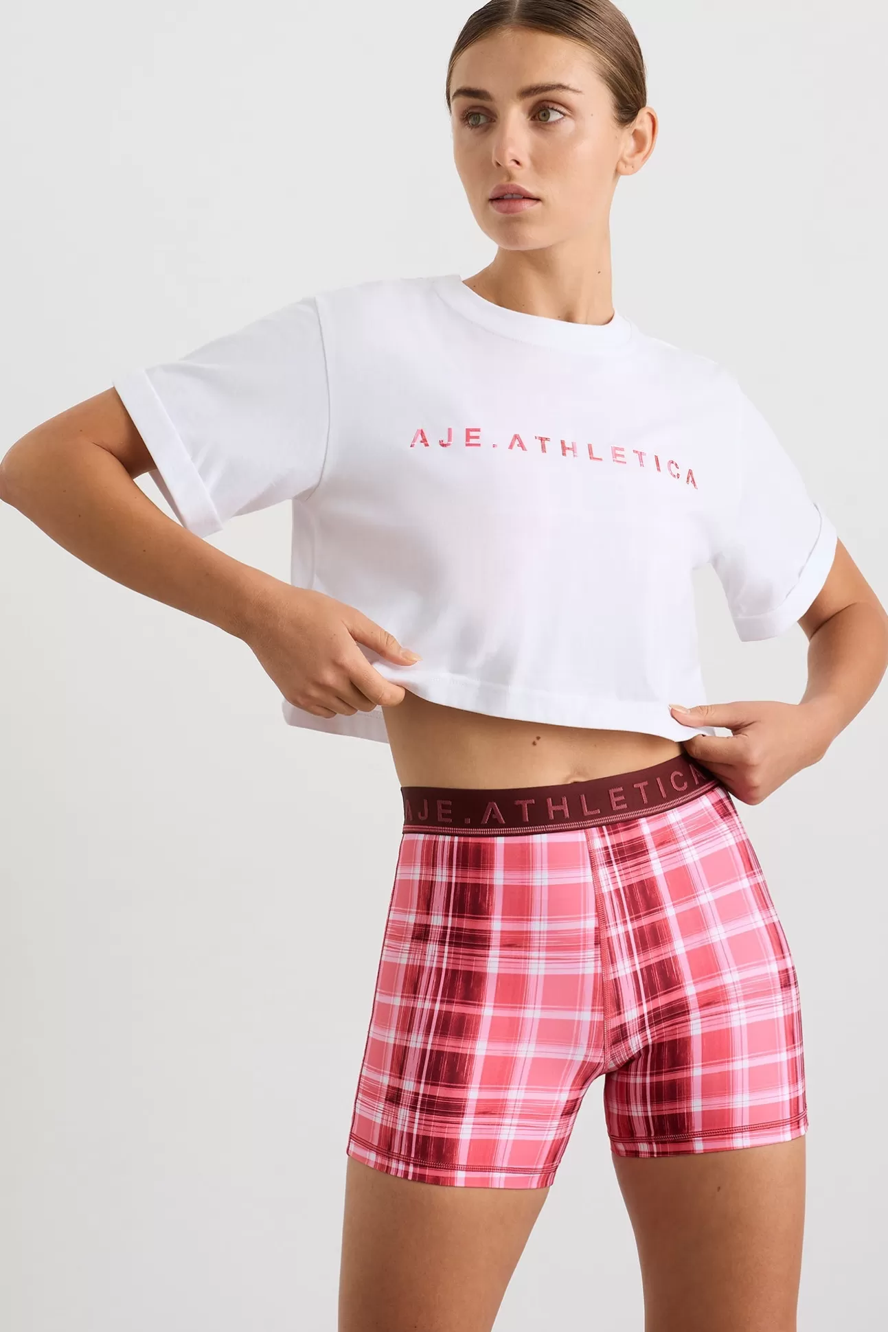 Aje ATHLETICA Cropped Tee 105 White Blurred Pink Check Online