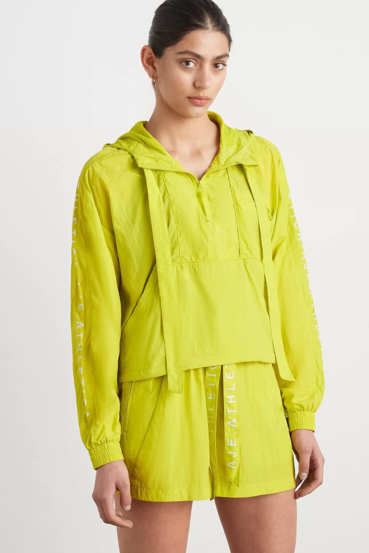 Aje ATHLETICA Cropped Windbreaker Jacket 702 Citrus Yellow/Wht Sale