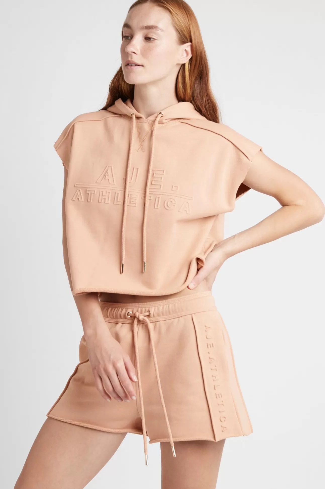 Aje ATHLETICA Embossed Classic Short Sleeve Cropped Hoodie 402 Sand Fashion