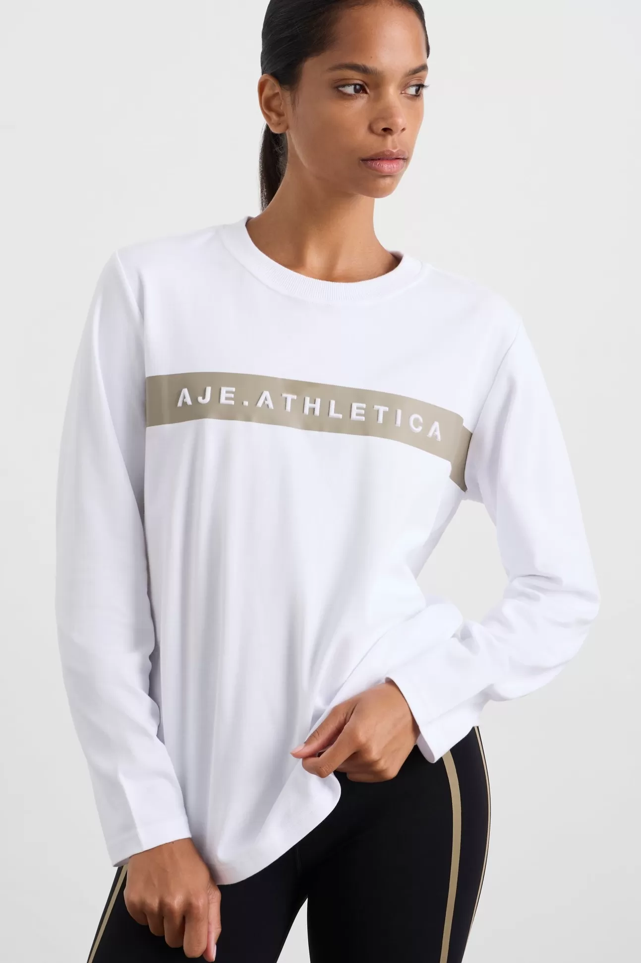 Aje ATHLETICA Embossed Logo Long Sleeve T-Shirt 127 White Soft Khaki Flash Sale