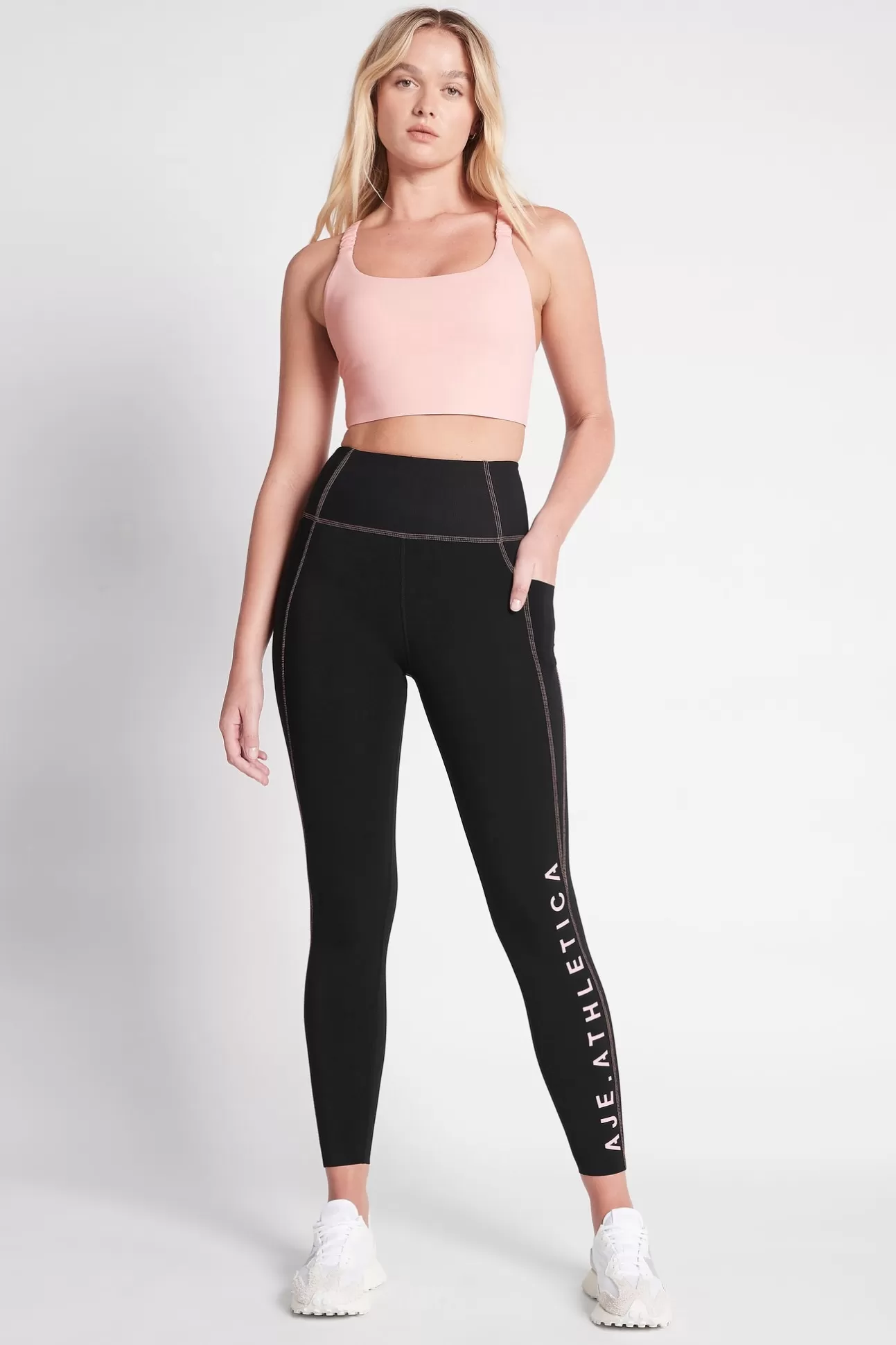 Aje ATHLETICA High Rise Contrast Stitch Logo Full Length Legging 203 Black/Rose Quartz Store