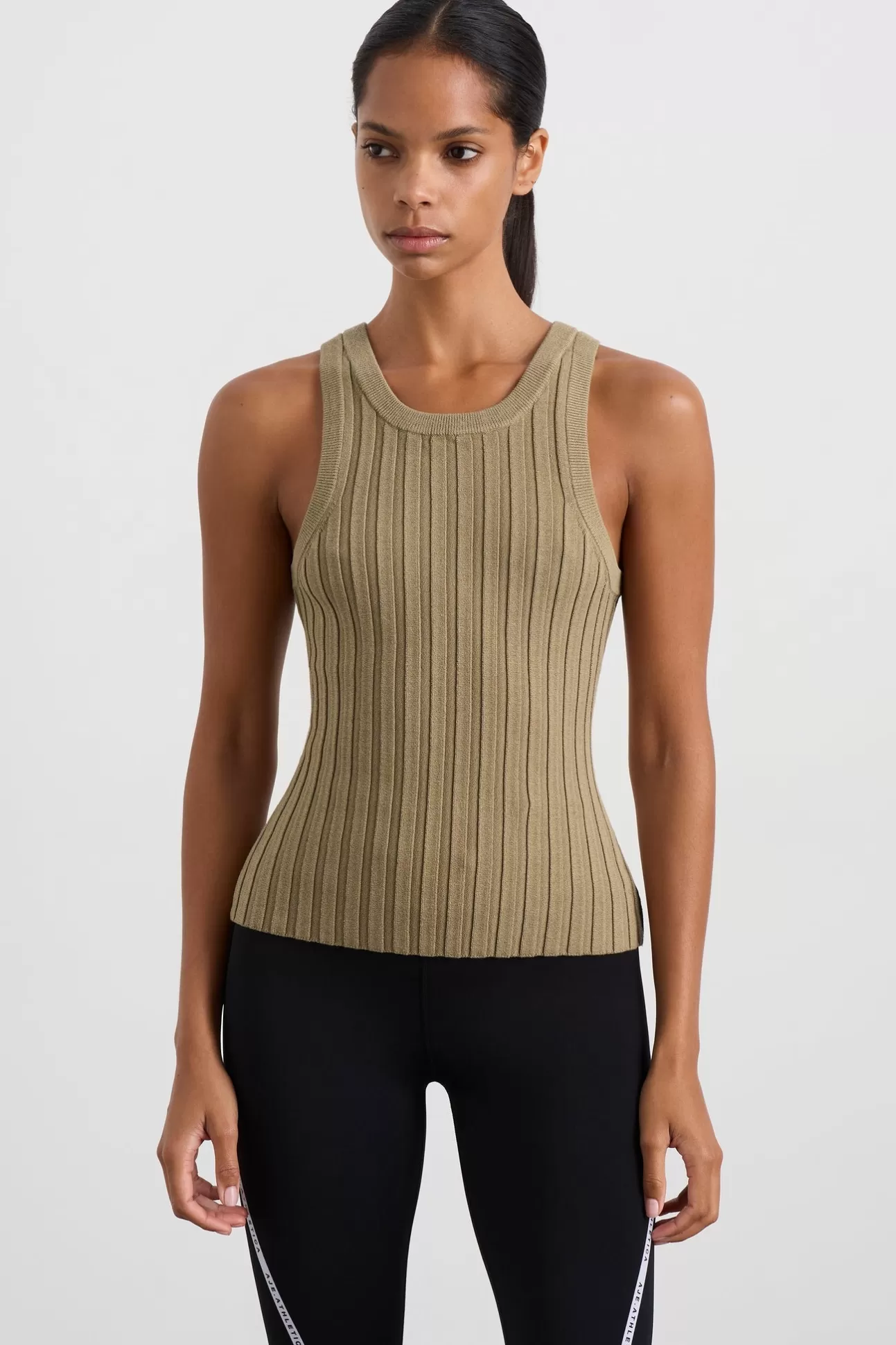 Aje ATHLETICA Hydra Racer Knit Ribbed Top Soft Khaki New