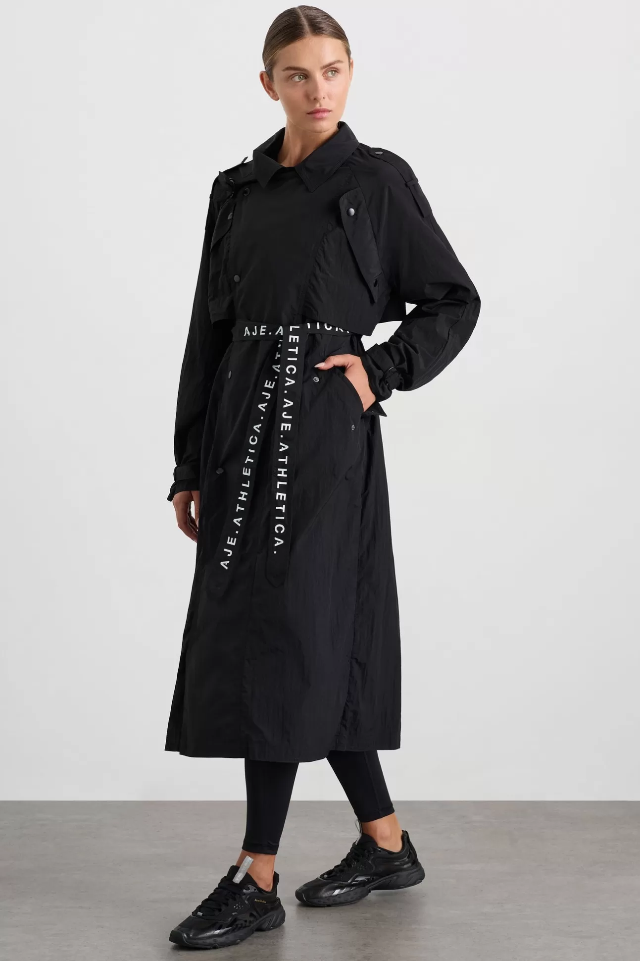 Aje ATHLETICA Long Belted Windbreaker Jacket 703 Black/Black Best Sale