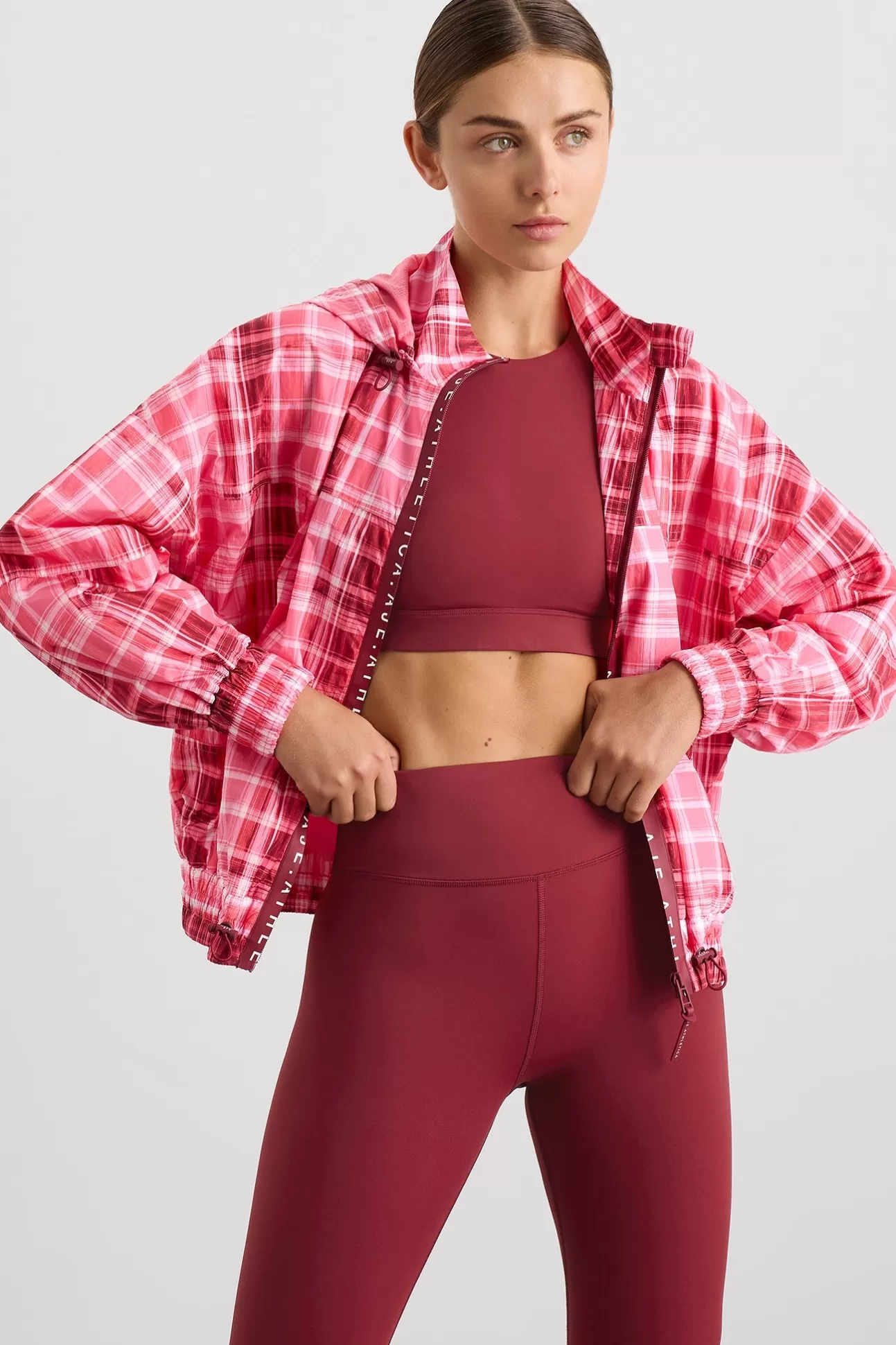 Aje ATHLETICA Long Line Spray Jacket Blurred Pink Check Shop