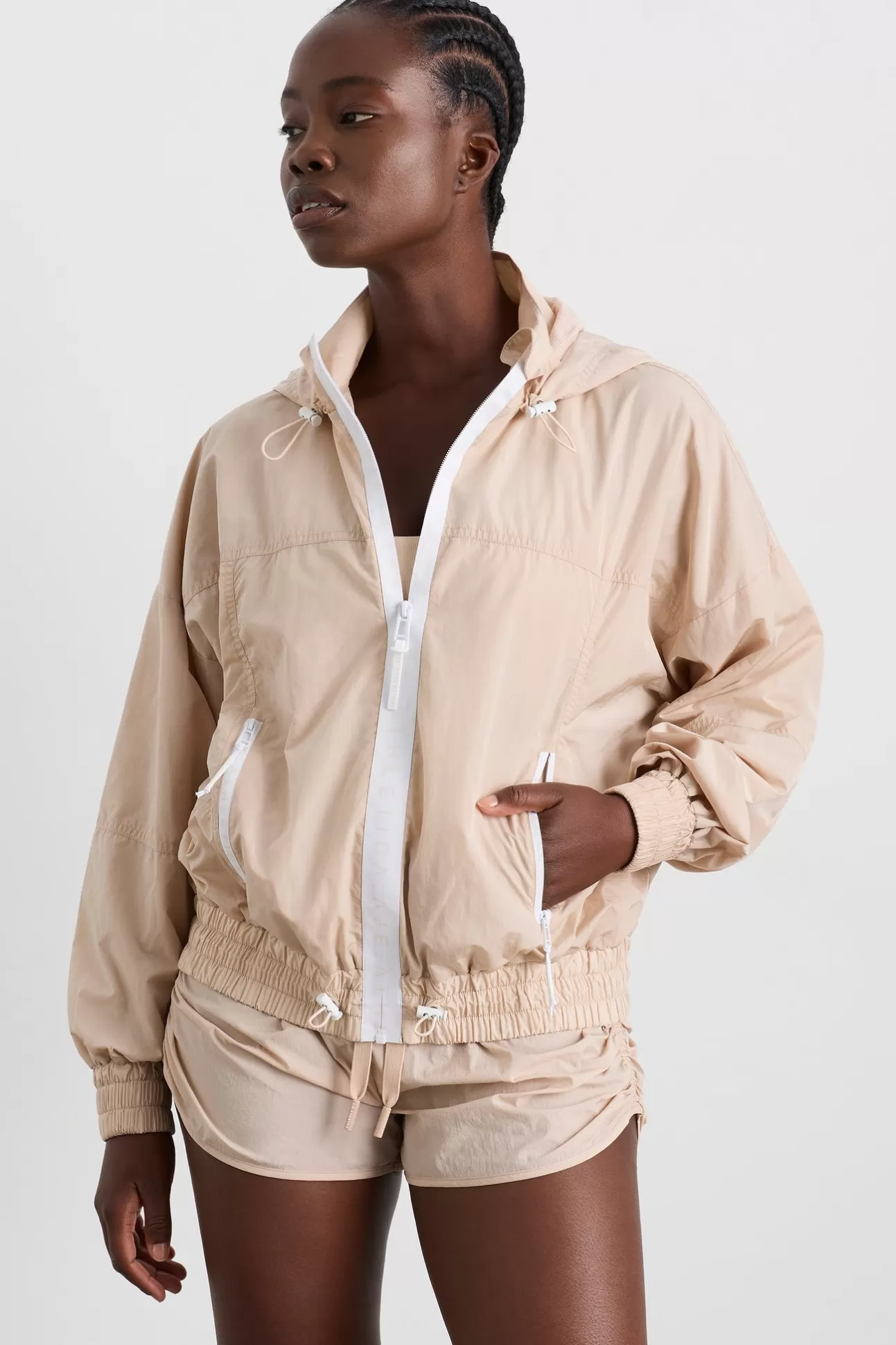 Aje ATHLETICA Long Line Spray Jacket Latte Beige Flash Sale