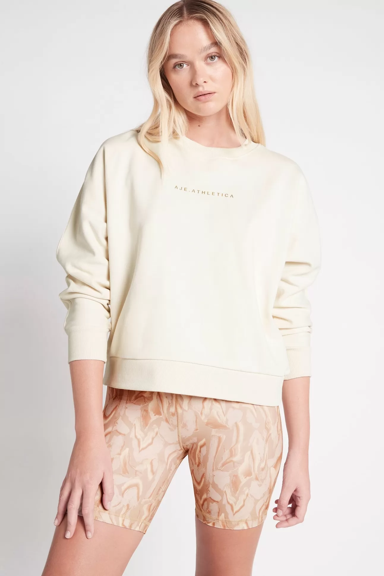 Aje ATHLETICA Metallic Signature Logo Crew Jumper 401 Light Ivory Flash Sale