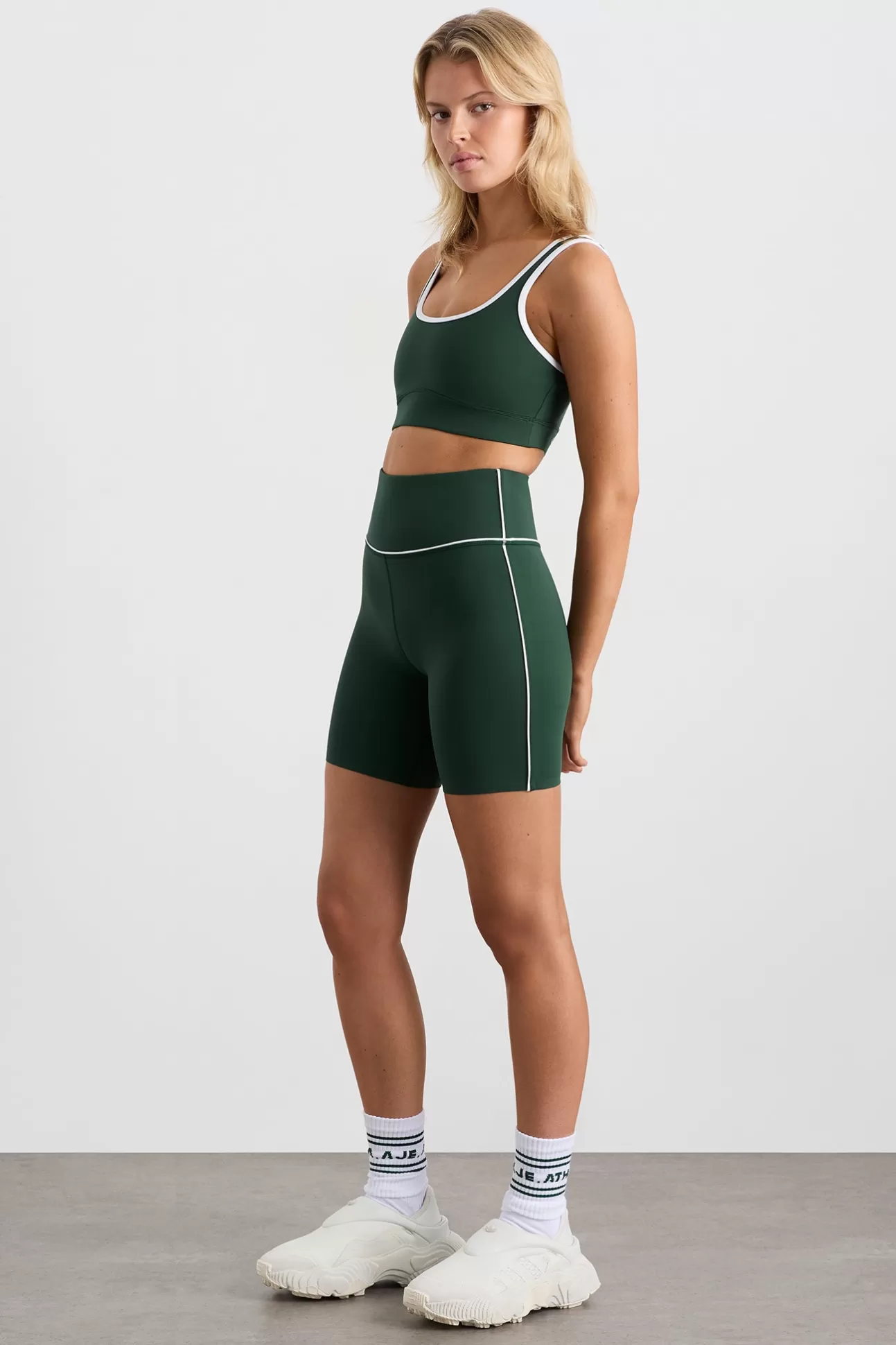 Aje ATHLETICA Mid Piped Bike Shorts 607 Pine Green White Best