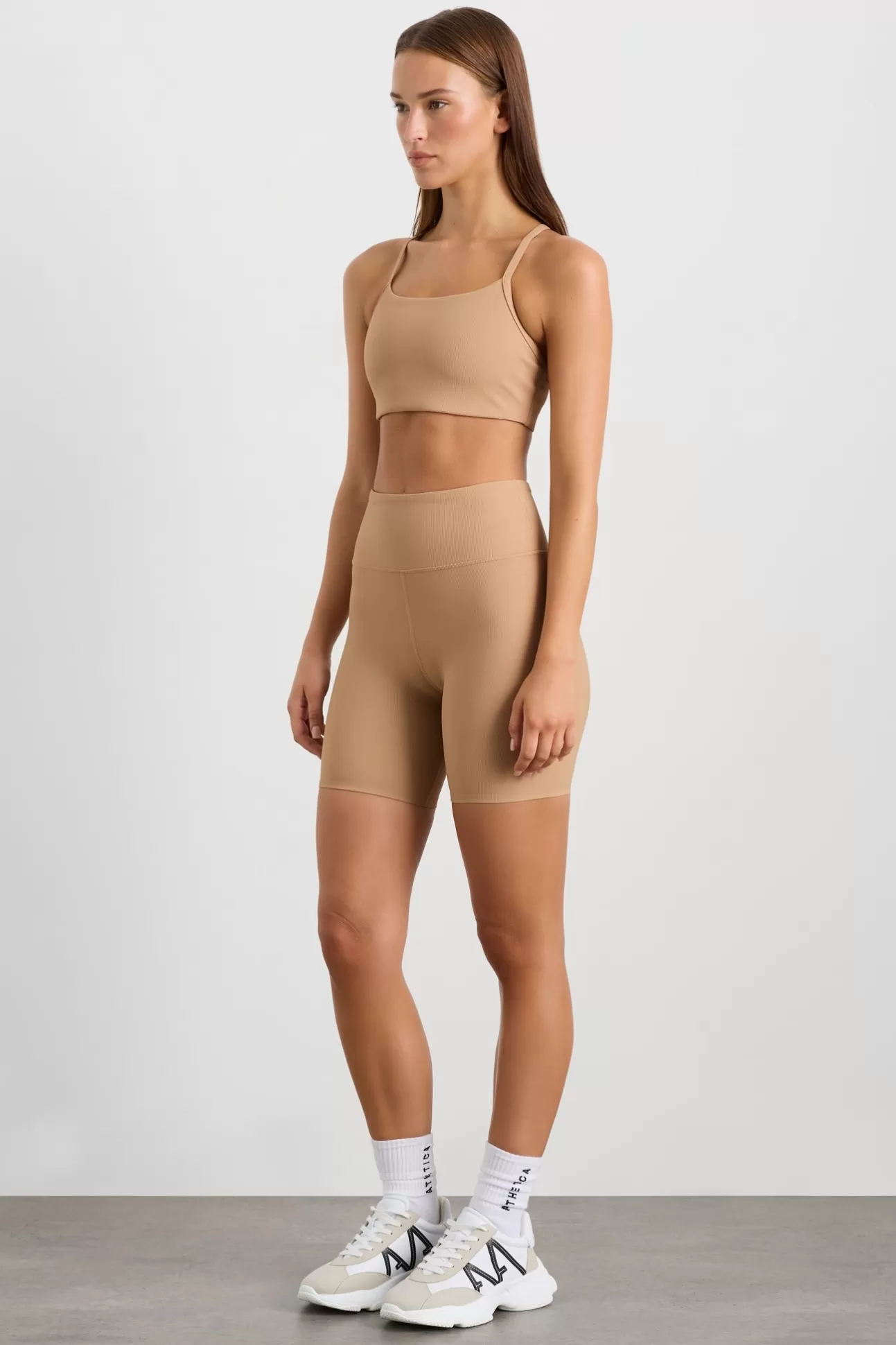 Aje ATHLETICA Ribbed Mid Length Bike Short 601 Natural Tan Clearance