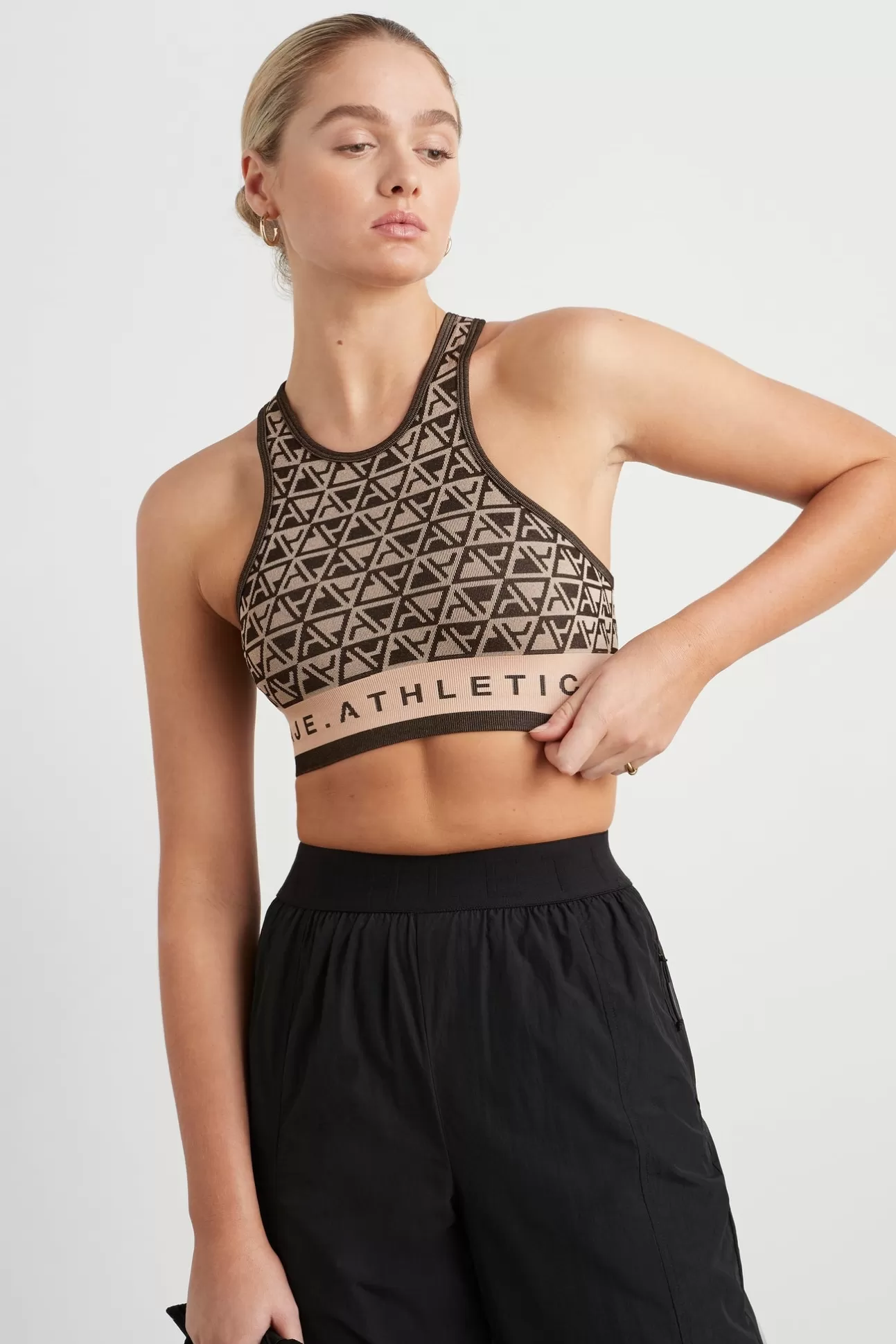 Aje ATHLETICA Seamless Crop Top 331 Geo Print/Beige New