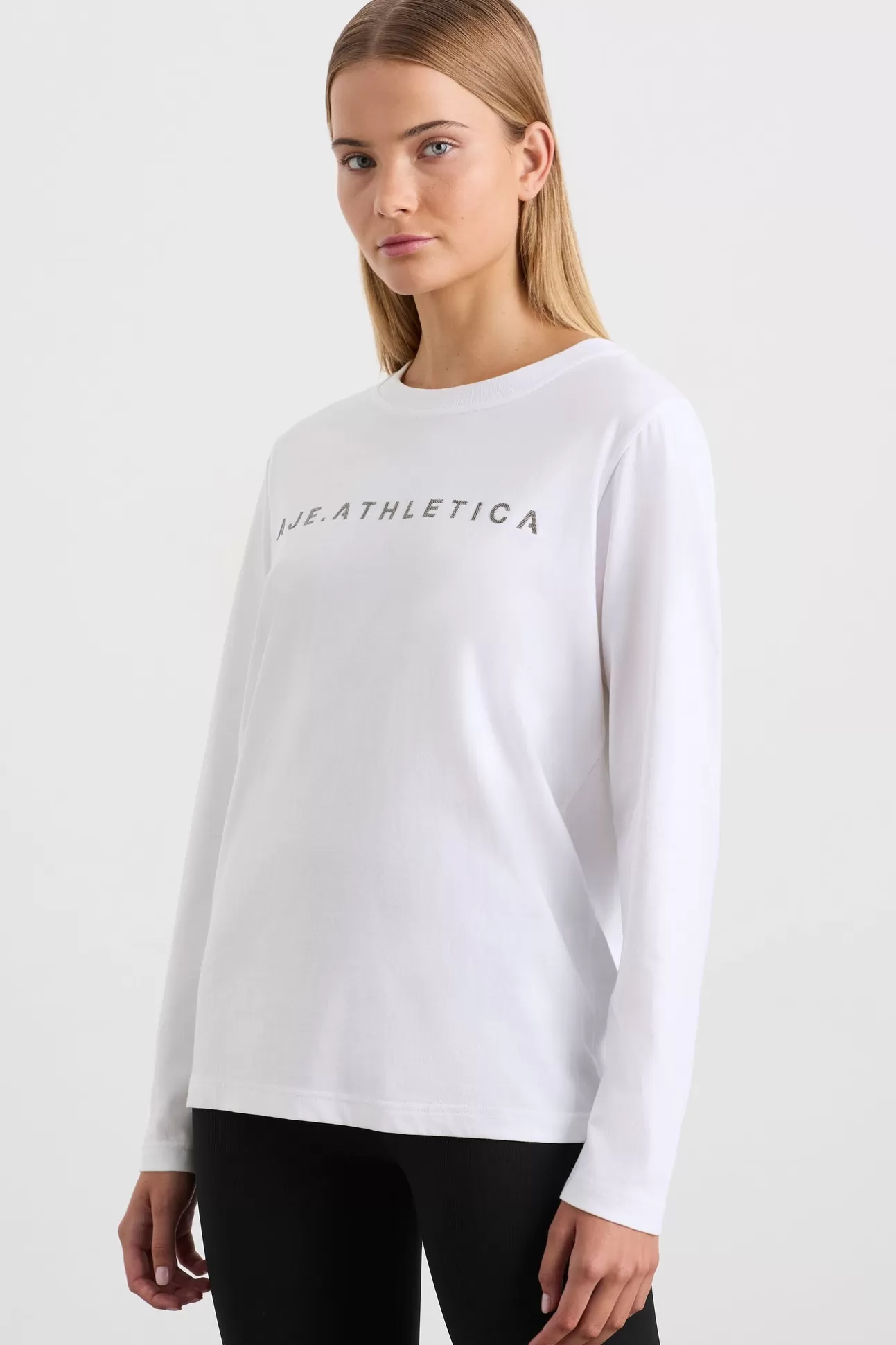 Aje ATHLETICA Signature Logo Long Sleeve T-Shirt 127 White/Herringbone Best Sale