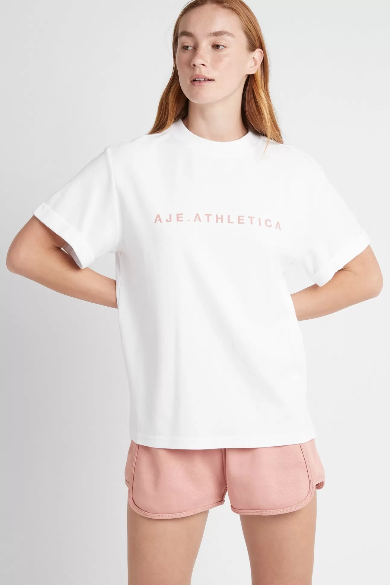 Aje ATHLETICA Signature Logo T-Shirt 102 White/Sunset Pink New