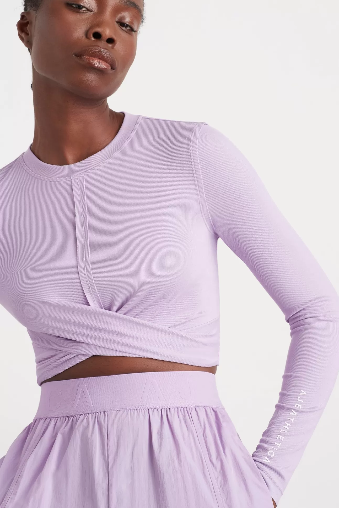 Aje ATHLETICA Twist Front Long Sleeve Crop Top 328 Lavender/White Clearance