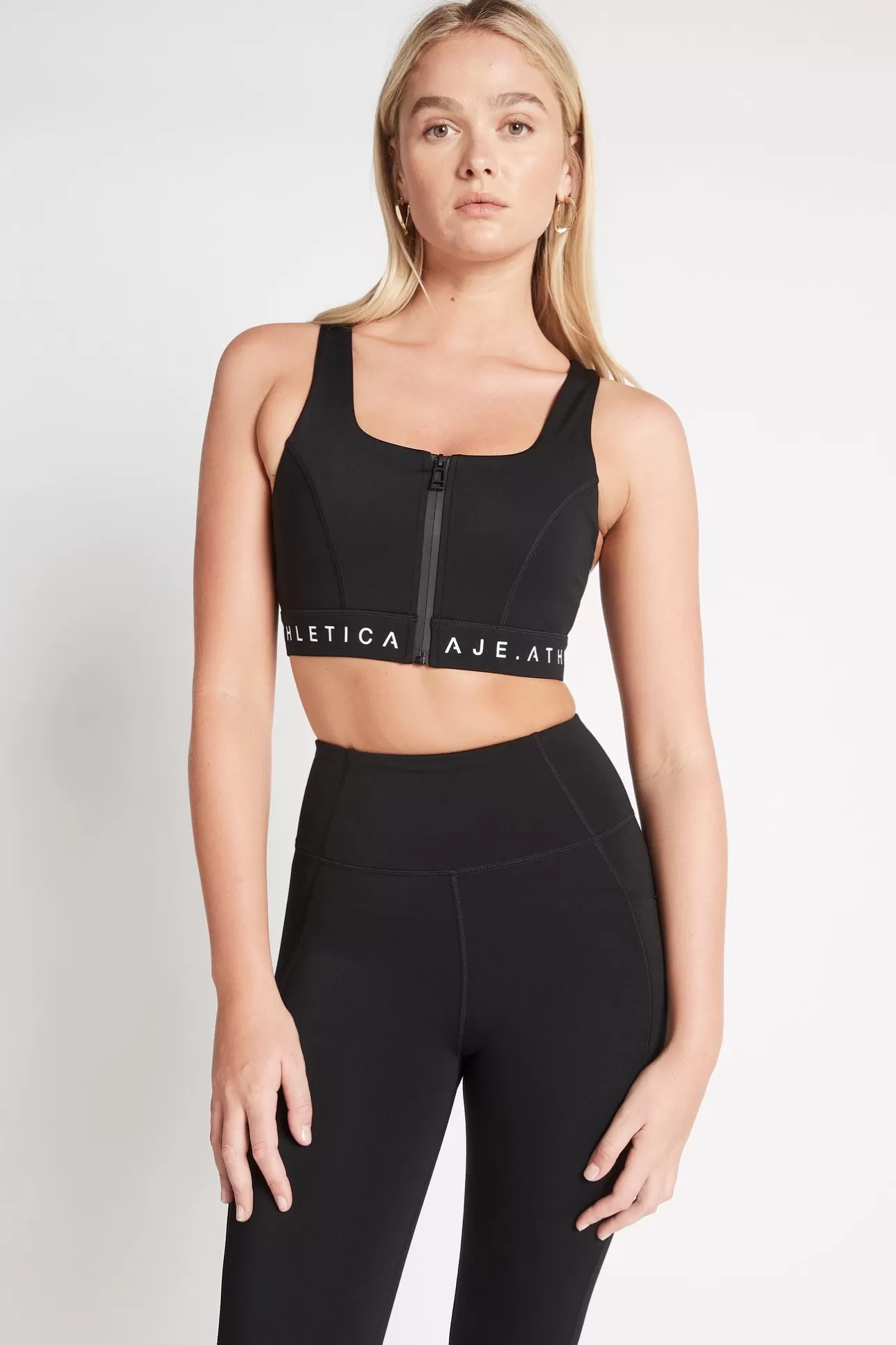 Aje ATHLETICA Zip Front Logotape Sports Bra 319 Black New