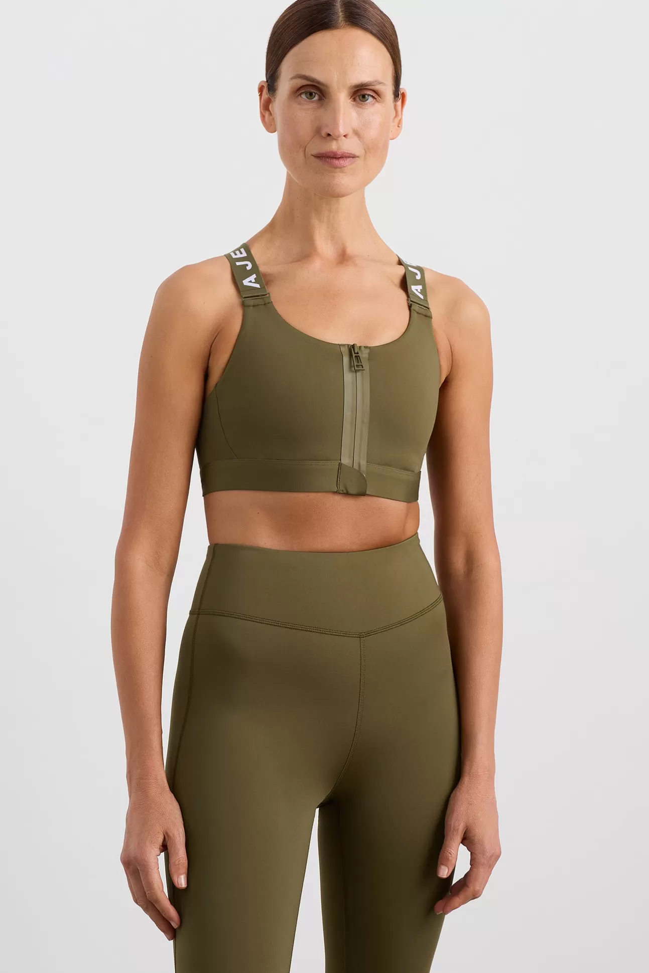 Aje ATHLETICA Zip Front Sports Bra 304 Deep Khaki Outlet